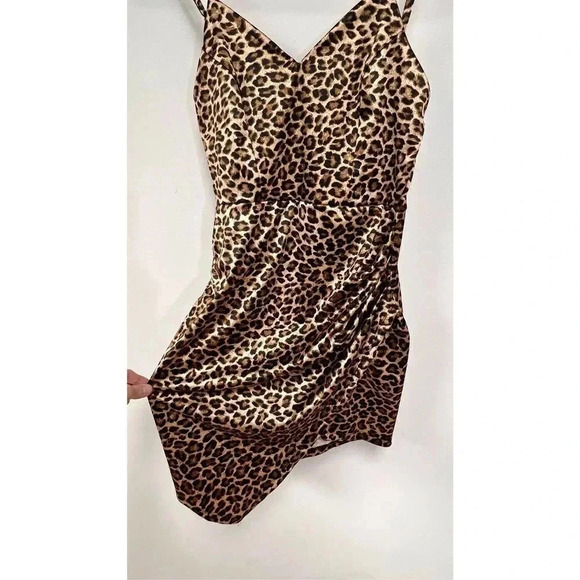 Iris Womens Brown Black Leopard Print Asymmetrical Hem Ruched Mini Dress Medium - Picture 3 of 12